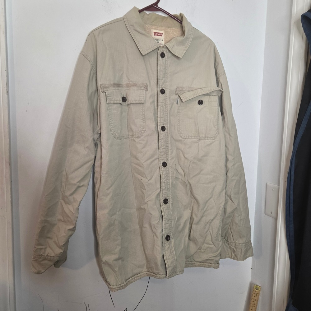 Levis Mens XL Tan Ripstop Sherpa Lined Shirt Jacket Khaki Workwear Utility Coat
